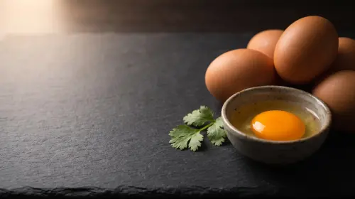 Brown eggs and a cracked yolk.