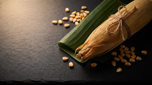A tamal wrapped in corn husk with loose corn.