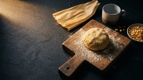 A ball of corn masa on a wooden board.