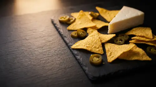 Tortilla chips with jalapeños and white cheese.