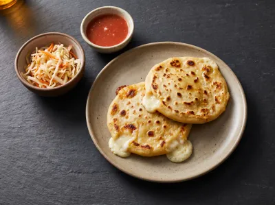 Pupusas with curtido and salsa.